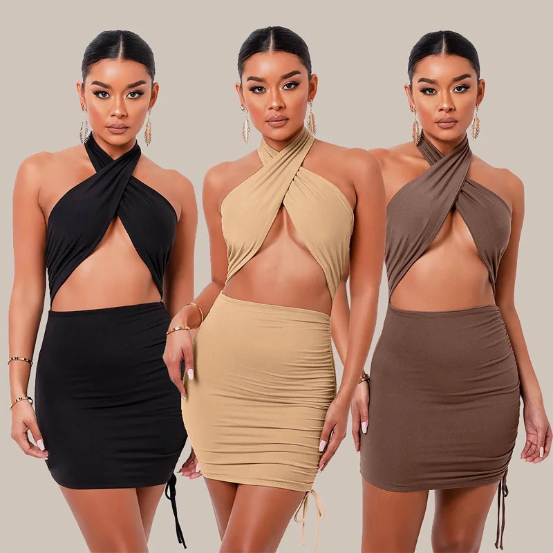 

Bandage Halter Solid Pleated Mini Dress Women Summer Party Clubwear Drawstring Little Cleavage Bodycon Backless Stacked Skirt