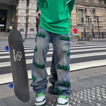 Pantalones vaqueros de hip hop para hombre y mujer, jeans sueltos con estampado bordado, pantalones de pierna ancha Y2K para skateboarding, Otoño e Invierno