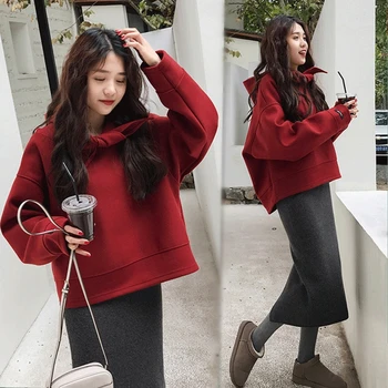 

2019 Autumn new red hoodies + split knit skirt two-piece suit