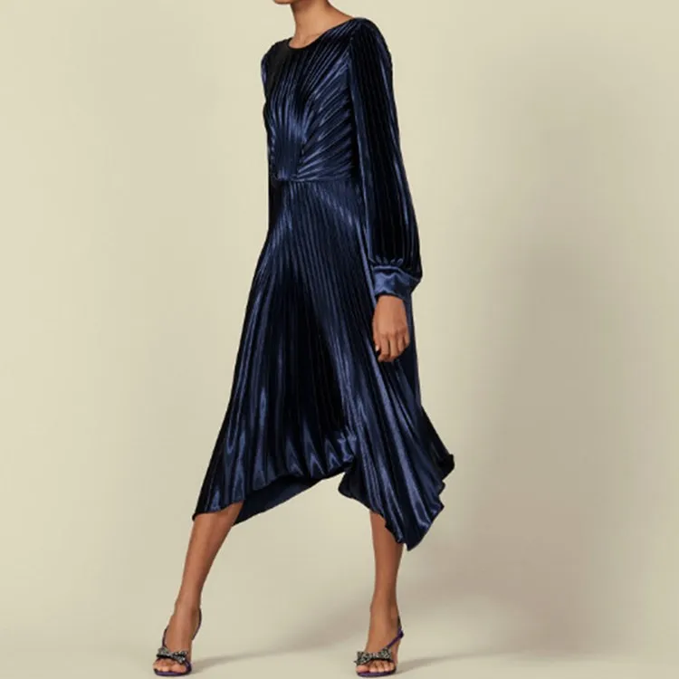 Весеннее Новое Плиссированное блестящее велюровое асимметричное платье с длинными рукавами, одежда для годовых встреч, длинное платье