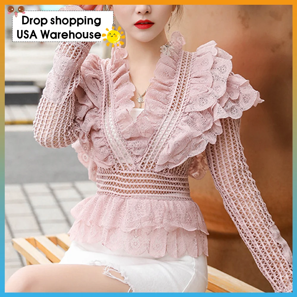 

OUSHANG Vintage Korean Sweet Fishnet Crochet Women's Blouses V Neck Ruffles High Waist Lace Cropped Blouses Female summer New