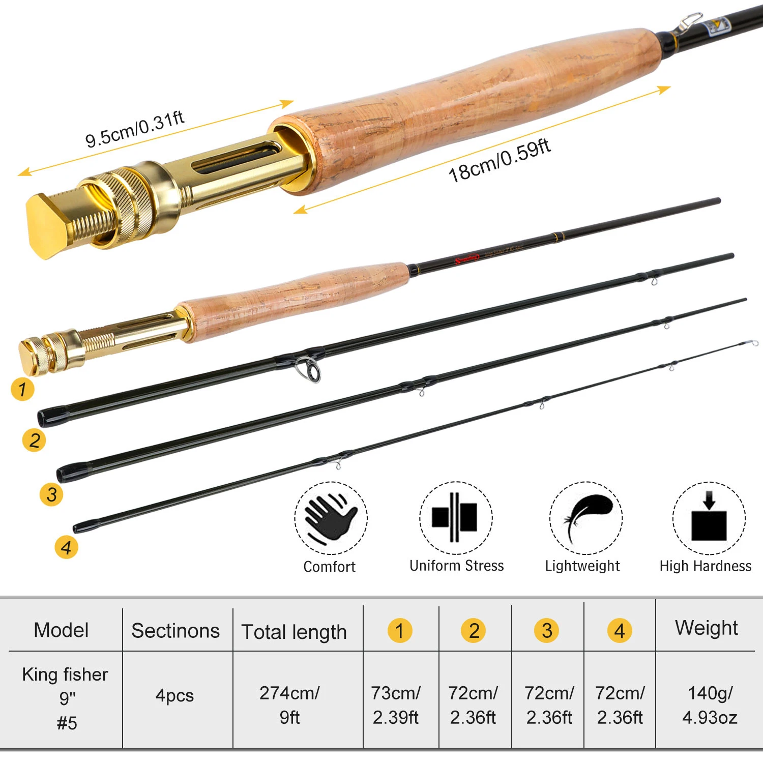 Sougayilang 4 Section Carbon Fiber Fly Fishing Rod Ultralight Weight Fly Fishing Rod Lake River Fishing Tackle