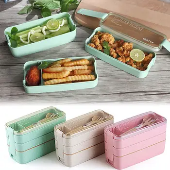 

Lunch Box 3 Layer Wheat Straw Leak-proof Bento Lunch Boxes Microwave Dinnerware With Tablespoon Fork Food Storage Container