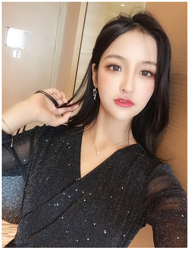 Весеннее и летнее элегантное Bling2019 весенняя одежда сексуальное торжественное платье черное платье с v-образным вырезом Длинные юбки женское нарядное платье