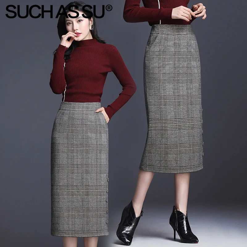 Новая Корейская трикотажная Женская юбка осень зима черная клетчатая юбка карандаш S-3XL размера плюс с высокой талией тонкая женская юбка с разрезом