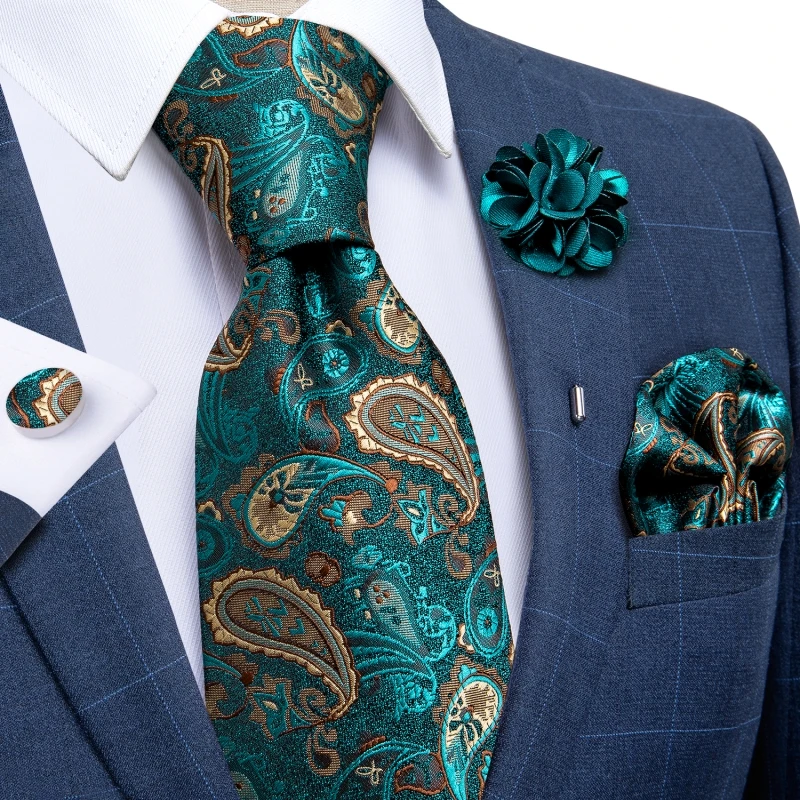 

8cm 100% Silk Mens Ties Teal Green Paisley Neckties For Men Formal Business Wedding Ties Pocket Square Brooch Set DiBanGu
