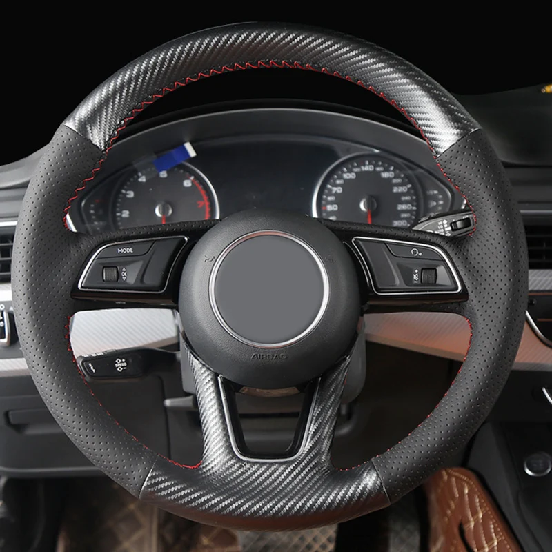 DIY сшитый вручную кожаный чехол из углеродного волокна с оплеткой для рулевого колеса, аксессуары для ручного шитья, чехол для Audi A3 8V A4 B9 Q3 Q5