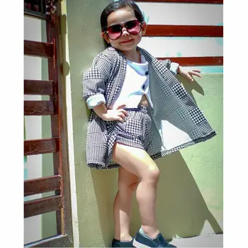 

Fashion 3Pcs Infant Baby Girl Kid Plaid Short Sleeve Crop Tops +Shorts + Coat Cardigan Autumn Formal Houndstooth Clothes Set