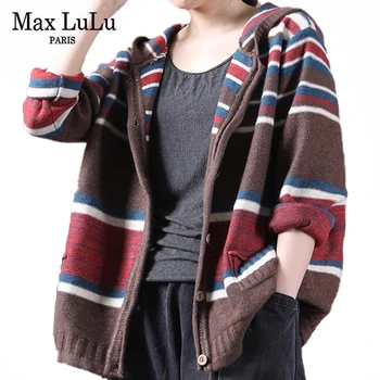 

Max LuLu Autumn Korean Designer Knitted Clothes Ladies Thicken Vintage Striped Sweaters Womens Loose Hooded Cardigans Plus Size