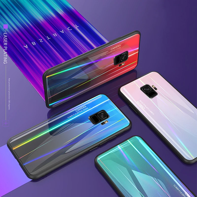 

Laser Tempered glass Phone Case For Samsung galaxy S8 S9 Plus S10 Lite Note 8 9 10 Pro A10 A20 A30 A40 A50 A70 M10 Aurora Cover