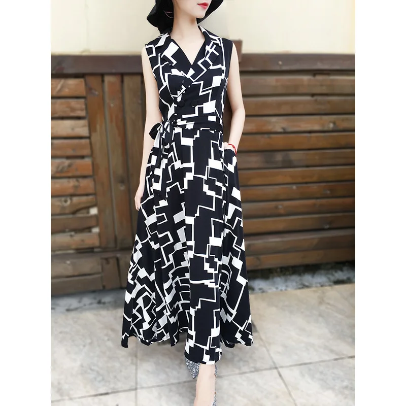 

2019 New Style Goddess-Style Debutante Elegant Long Skirts Sleeveless Suit Collar Lace-up Printed Big Hemline Dress Women's