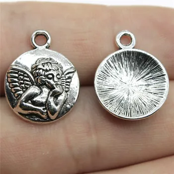 

WYSIWYG 15pcs 15mm Antique Silver Color Antique Bronze Angel Baby Pendant Guardian Angel Charms Round Guardian Angel Pendants
