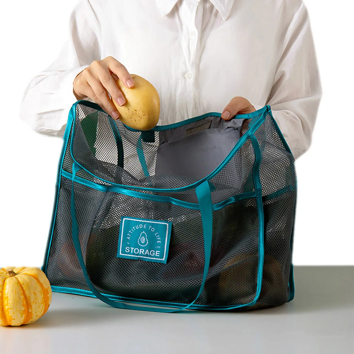 

Vegetable Net Bag Double Pocket Hanging Design Convenient Classification Good Ventilation Breathable Storage