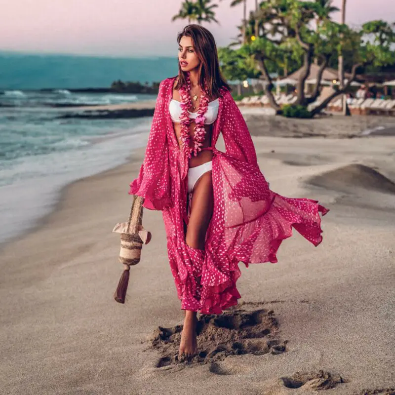 2020 New Women Casual Holiday Boho Long Sleeve Print Lace Up Loose Sun Protection Beach Bathing Bikini Cover Ups Wrap Maxi Dress | Женская