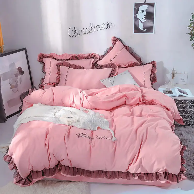 

New Korean retro Plaid Lace bed linen Bedding Sets Queen/King Size Duvet Cover Set flat fitted Quilt Cover 4pcs