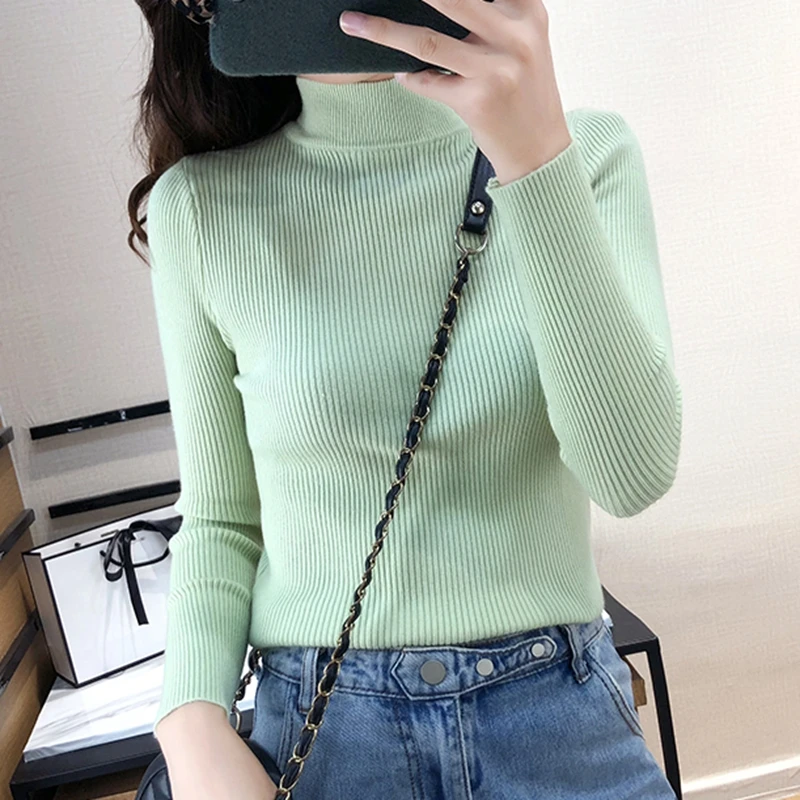 

Autumn Winter Women Knitted Turtleneck Sweater Shirts Casual Soft Jumper Fashion Slim Femme Elasticity Pullover Stripe Sweater
