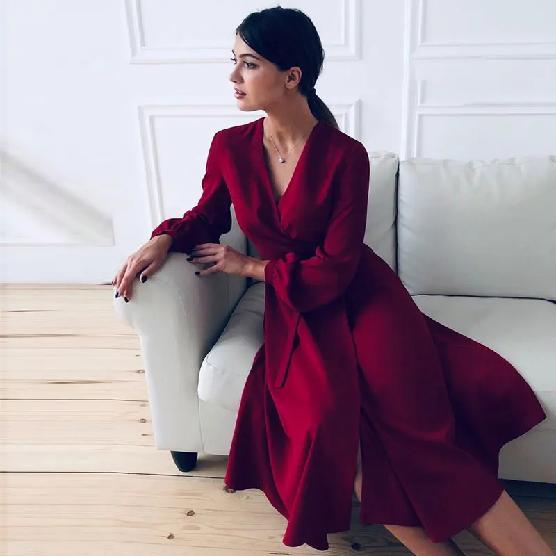 Women Vintage Sashes A-line Party Dress Long Sleeve Sexy V neck Solid Elegant Casual Dress 2020 Summer New Fashion Women Dress Women Vintage Sashes A-line Party Dress Long Sleeve Sexy V neck Solid Elegant Casual Dress 2020 Summer New Fashion Women Dress