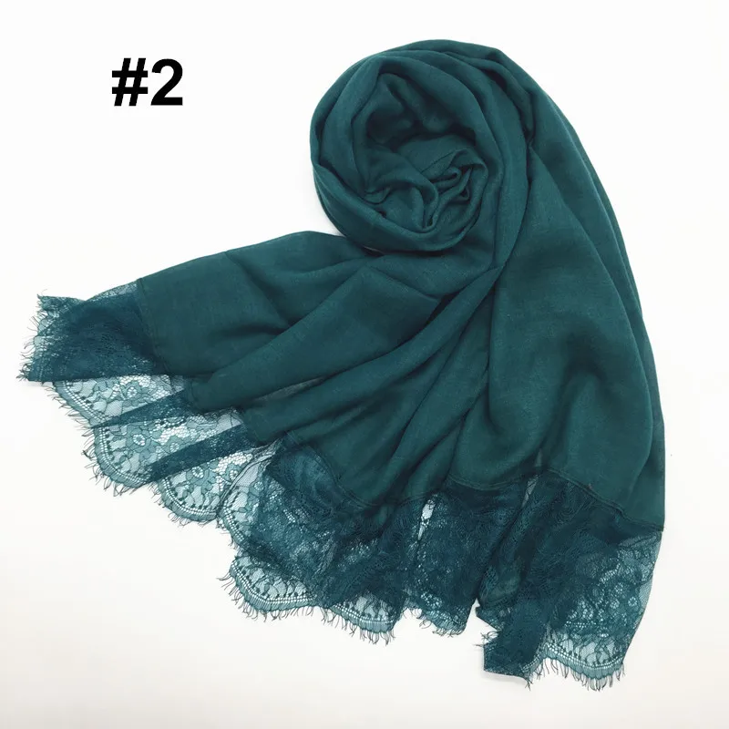 Модный однотонный хлопковый двухсторонний кружевной хиджаб платок шарф для свадебной вечеринки мусульманские женские шарфы Hijabs длинный Палантин 180x90 см - Цвет: 2 Teal