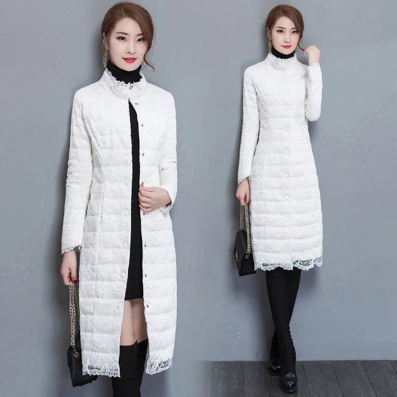 

1266 # Lace Mid-length down Jacket Cotton-padded Clothes Winter 2019 New Style Korean-style Slim Fit Slimming over-the-Knee Cott