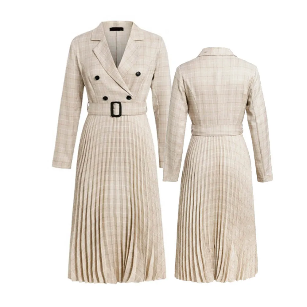 

Elegant Office Ladies Blazer Dresses Long Sleeve Female Autumn Belt Midi Party Dress Vintage Pleated Dress Plaid Women Dress