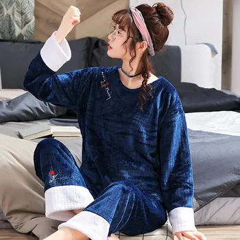 

2PCS Shirt&Pants Casual Coral Fleece Sleepwear Women Pajamas Suit Flannel Nightwear Intimate Lingerie Soft Pyjamas Set Homewear