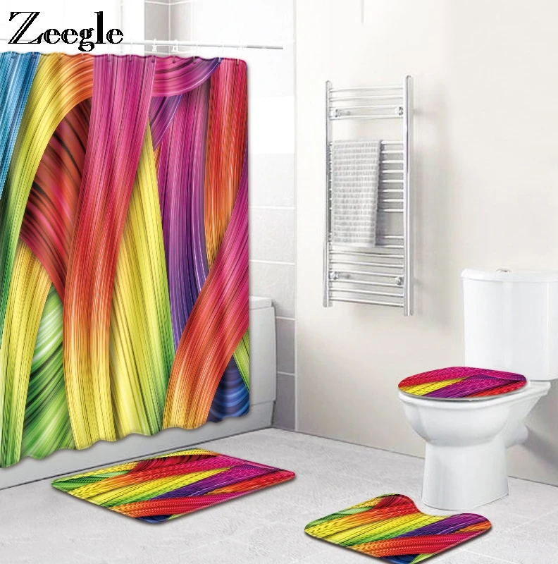 Zeegle 3pcs Bath Mat Set with Shower Curtain Waterproof Bathroom Curtain with Hooks Toilet Pedestal Rug Foot Mat Soft Toilet Set