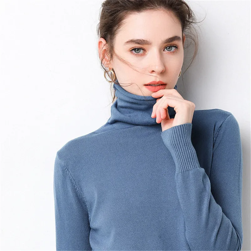 

Casual Blue Soft Fit Kintting Sweater Ladies Pullovers New Autumn Winter Warm Korean Long Sleeve Turtleneck Solid Women Sweaters