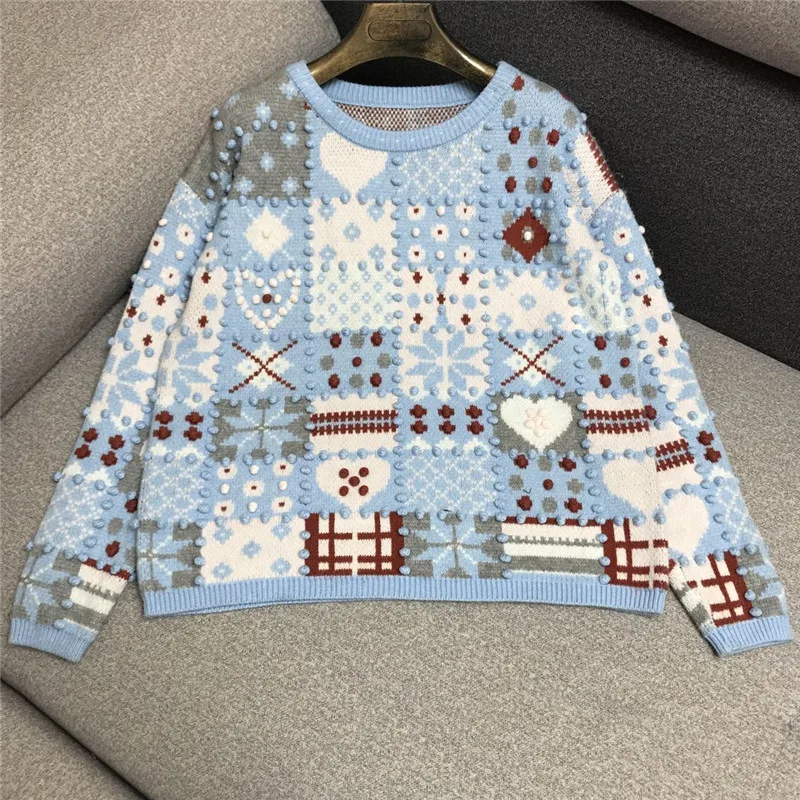 

Luxury Designer Brand Knitted Pullovers for Women Vintage O Neck Manual Crochet Three Dimensional Ball Loose Knitted Sweater