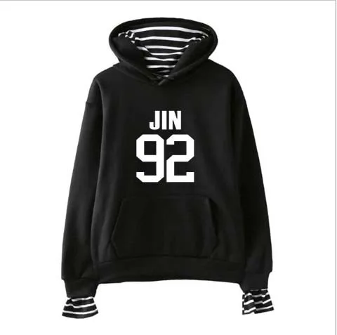 Kpop jin suga женский студенческий harajuku полосатый воротник свободный поддельный два плюс бархат с капюшоном Толстовка k-pop Bangtan мальчики розовые Топы пальто - Цвет: JIN
