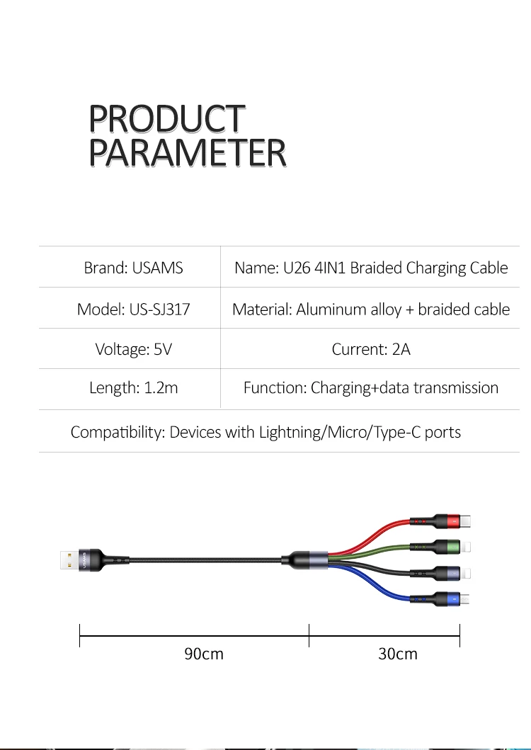 USAMS 4 в 1 мульти usb Кабель зарядного устройства для iPhone samsung huawei xiaomi Быстрая зарядка провод данных для lightning micro usb type c светодиодный