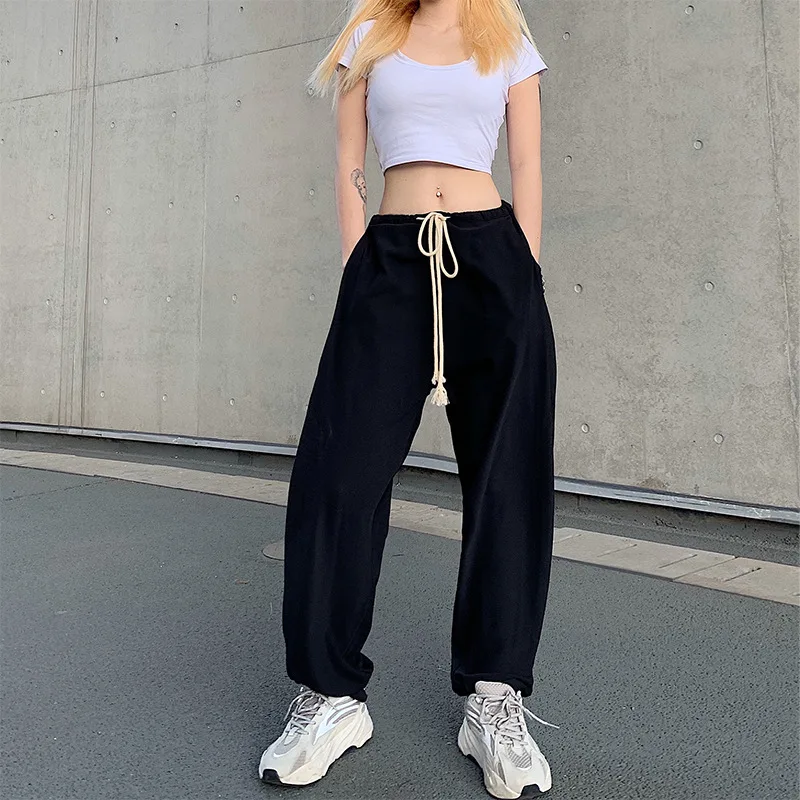 

Causal Black Drawstring Loose Cotton Women Spring Autumn High Waist Sweatpants Sporting Full-Length Trousers