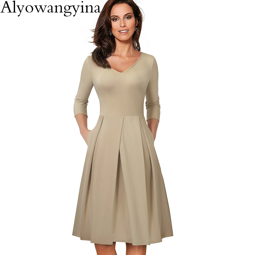 Alyowangyina, винтажная женская мода, v-образный вырез, с карманами, Vestidos, трапециевидные, деловые, вечерние, для женщин, расклешенное, свободное, женское платье, A126
