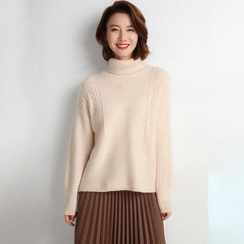 

High Fold-down Collar Sweater Women's Loose-Fit Pullover Long-Sleeve Base Sweater Cable-Cool Mid-length Cashmere Sweater