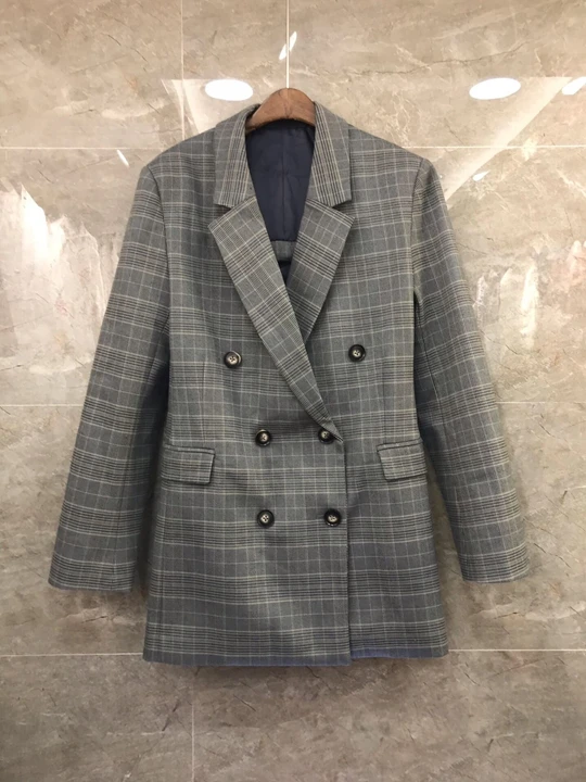 

2019 Early autumn new women's Lapel double-breasted decorative Plaid long-sleeved 100-set suit short jacket 726