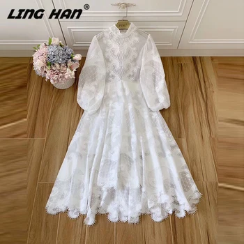 

LINGHAN Sexy Hollow Out Embroidery Dress Women's Fashion Puff Sleeve Big swing Vacation Dresses Designer Spring Summer New