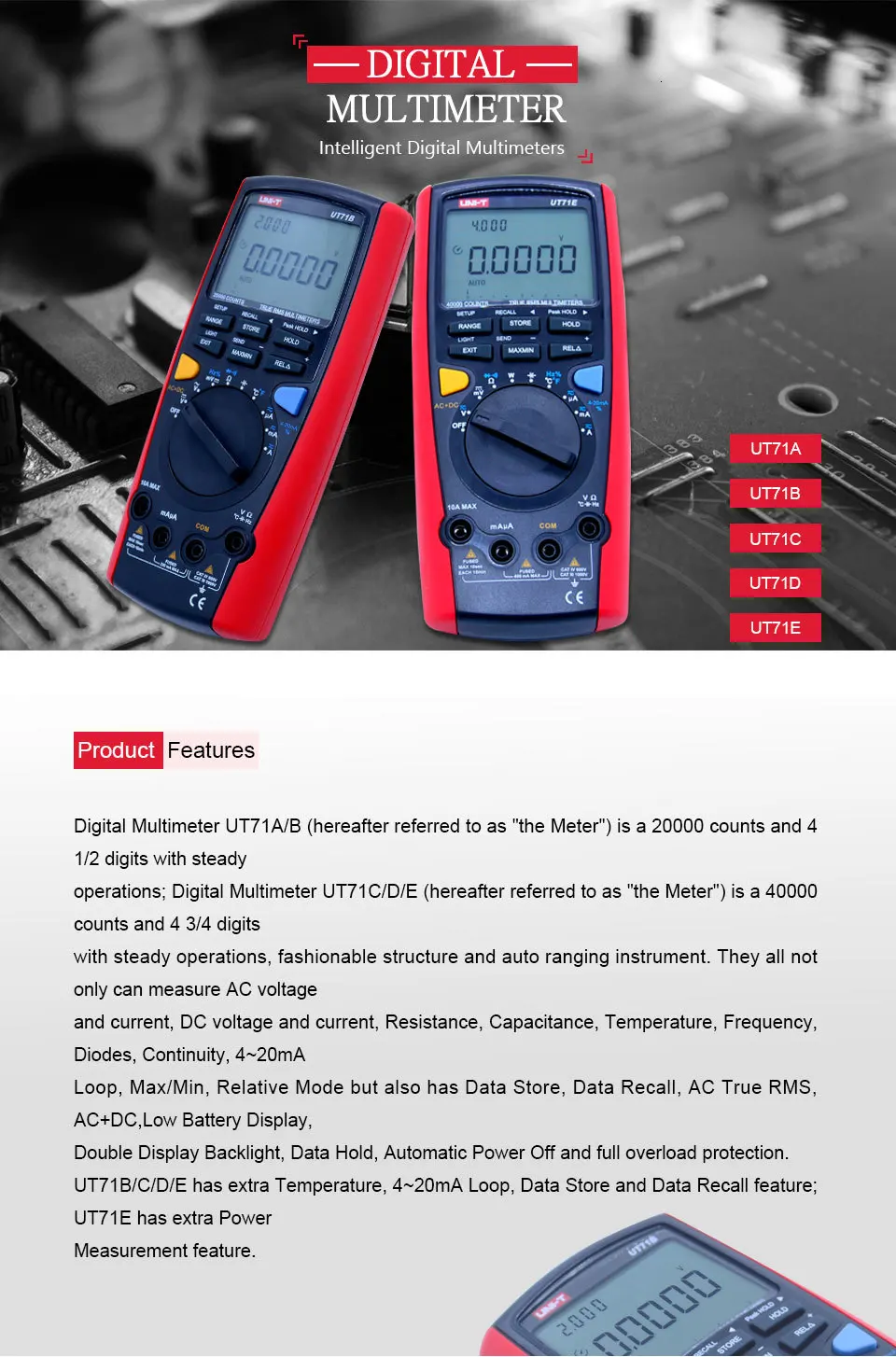 UNI-T UT71A/B/C/D/E Цифровой мультиметр Ture RMS AC DC Вольтметр Амперметр Сопротивление Емкость Частота Температура Тестер