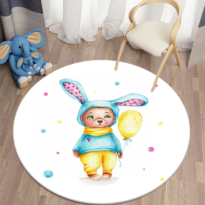 Cartoon Bear Print Children Carpet Kawaii Area Rugs Round Carpet for Living Room Floor Mat Flannel Anti-Slip Mat for Children
