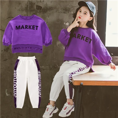 Purple Детский спортивный костюм белый/фиолетовый пуловер с надписью толстовка+ брюки комплект одежды для девочек-подростков, повседневная От 9 до 14 лет - Цвет: Purple