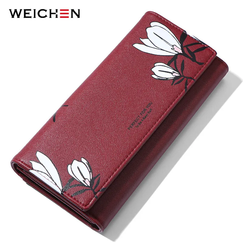 Buen valor WEICHEN-cartera larga de diseñador con estampado de flores para mujer, billetera femenina de cuero PU, bolso de mano a la moda, con pliegues triples, 2021 y9VKM6rYDGW