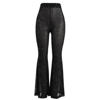 

2019 New Summer Thin Mesh Sequins High Waist Pants Women Fashion Transparent Sexy Flare Pants Casual Solid Trousers
