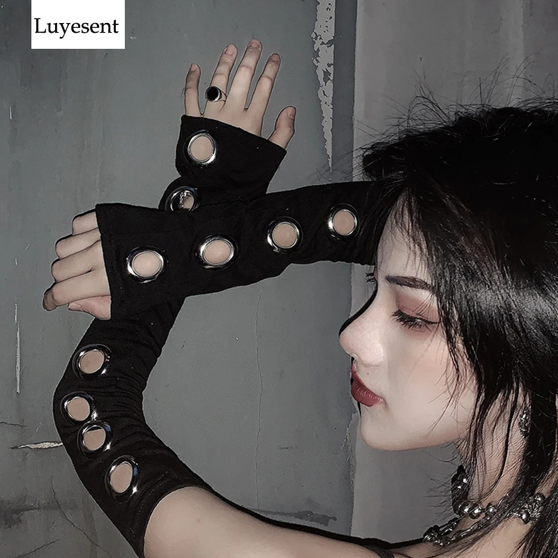 

Black Punk Gothic Hollow Out Unisex Women Men Eyelet Sport Outdoor Elbow Length Sleeve 2019 Cool Stretch Character Arm Warmer