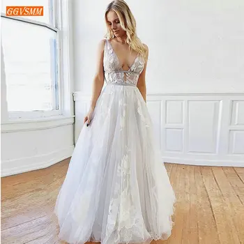 

Sexy Boho Ivory Deep V Neck Wedding Gowns Sleeveless Tulle Applique Lace Backless Bride Dresses White Custom Beach Wedding Dress