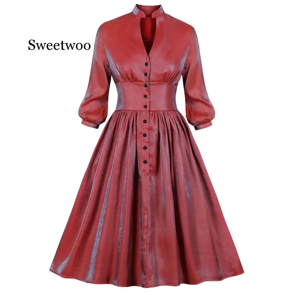 

Spring Winter Women Vintage Dress V-Neck Long Lantern Sleeve High Waist Button Dress Light Fabric Retro Solid A-Line Vestido New