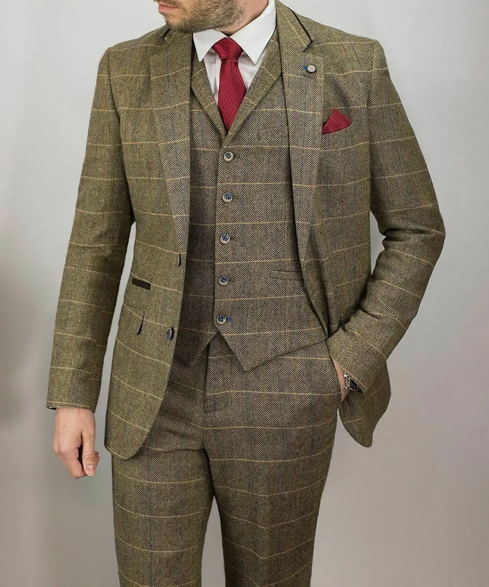 Мужской костюм в елочку, 3 предмета, винтажный, однобортный, из твида, шерсть, смесь, бизнес