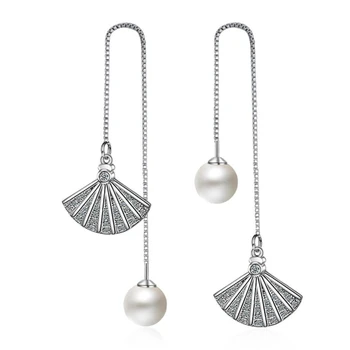 

WYEAIIR Tassel Ear Wire Zircon Fan Pearl Pendant 925 Sterling Silver Female Dangle Earrings
