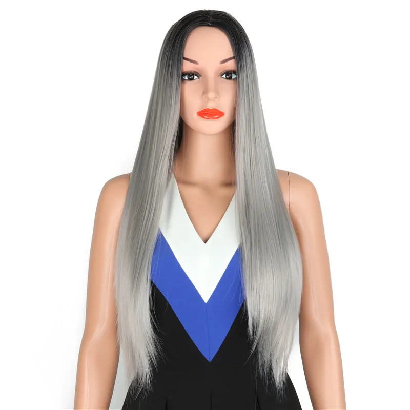 

Synthetic Gray Wig for women -straight Right Side Parting NONE Lace Heat Resistant Replacement Wig Full Machine Made 24 inch