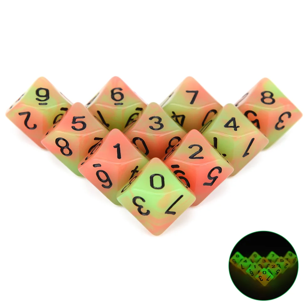 Orange Green 10 шт. D10 двухсторонние многогранные игральные кости для настольной ролевой игры мир тьмы вампирский набор из 10 D10 - Цвет: Orange Green