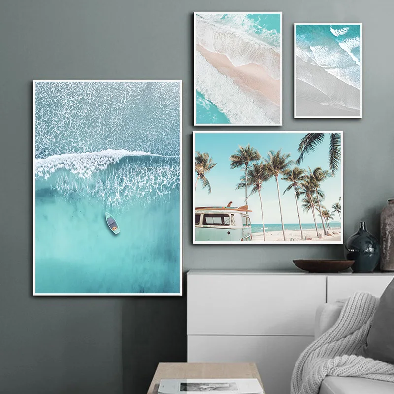 

Boat Ocean Waves Overhead Picture Nature Scandinavian Poster Nordic Decoration Sandy Beach Bus Print Wall Art Canvas Painting