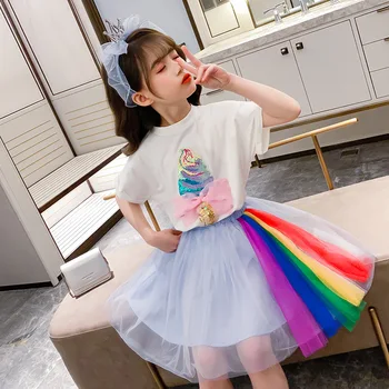 

Baby Girls Clothing Set White T-shirt Rainbow Mesh Skirt 2pcs Kids Clothes for Girl 2020 New Summer Ice Cream Bow Children Suits