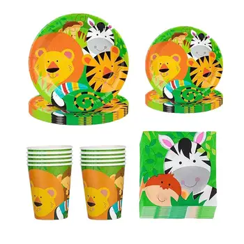 

1 Set 64PC Animal Theme Tableware Kit Party Paper Plate Cups Napkin Set Cartoon Jungle Animal Disposable Birthday Party Supplies